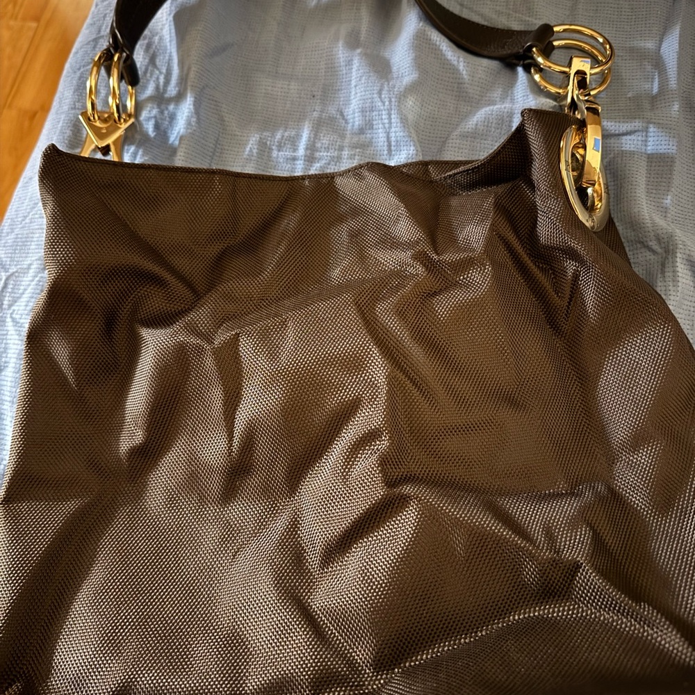 Chic Brown Shoulder Bag with Gold Accents